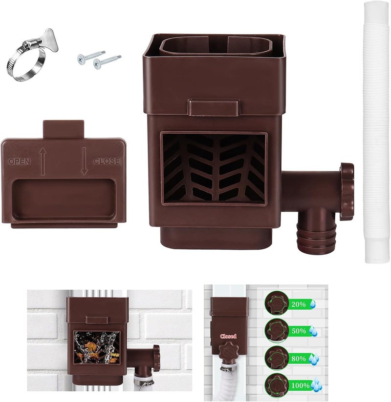 XPINYT Rain Barrel Diverter Kit, Downspout Diverter Fits for 2"x 3" or 3"x 4" Standard Downspout, Rainwater Collection System with Adjustable Valve and Filter,5ft Hose(Brown) - Image 1